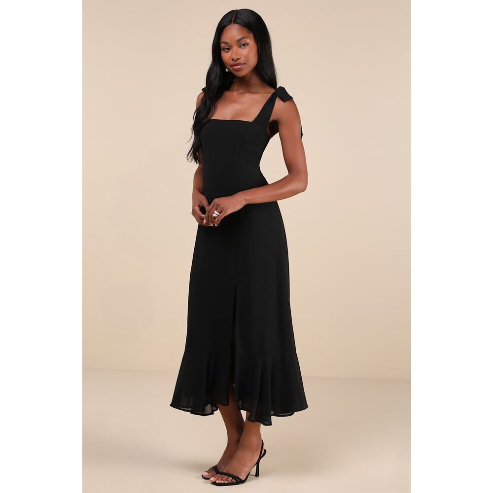 Lulus Summer Invite Black Tie-Strap Tiered Midi Dress Bridesmaid Holiday Small - Picture 8 of 9